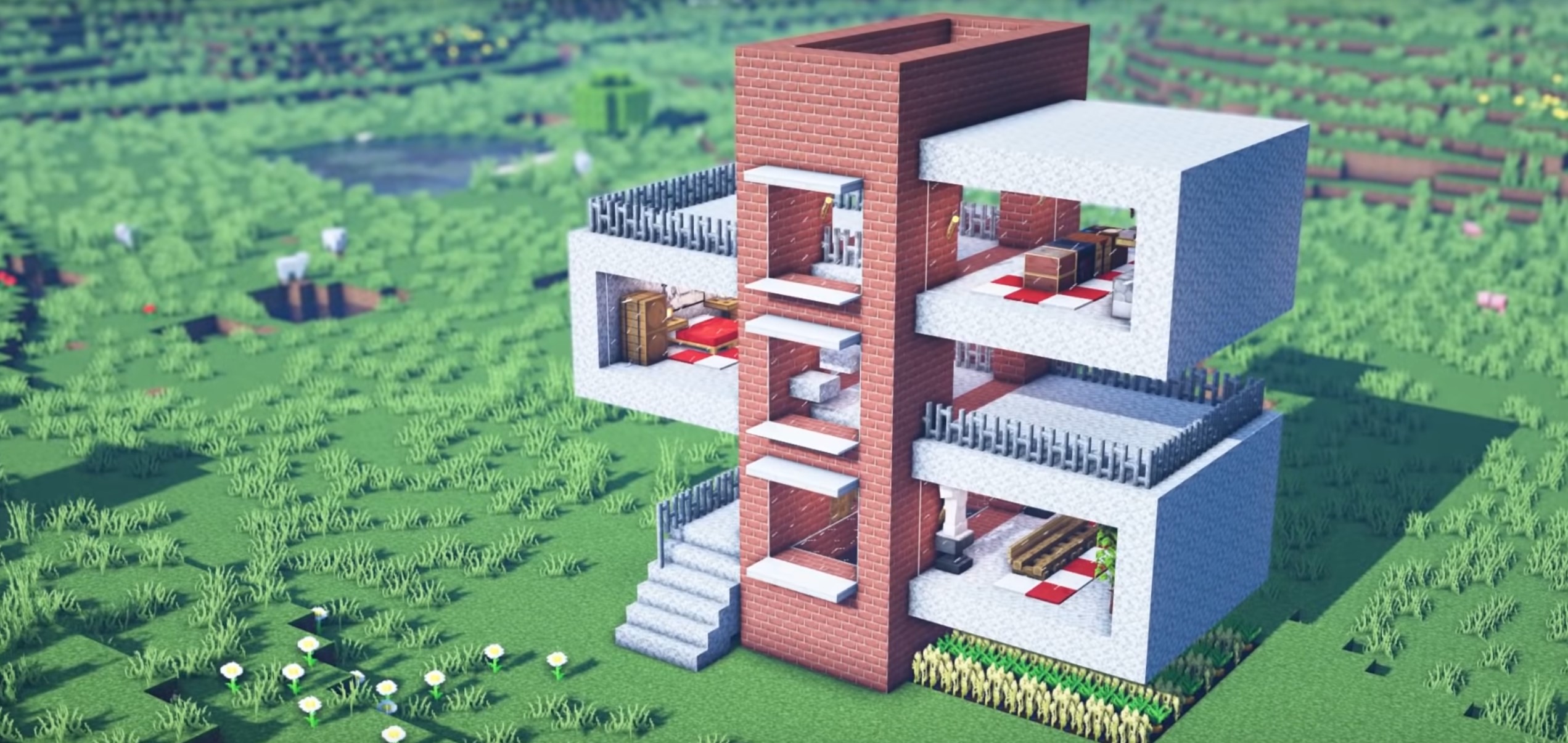 Minecraft Unusual 3-Floor Brick House idea