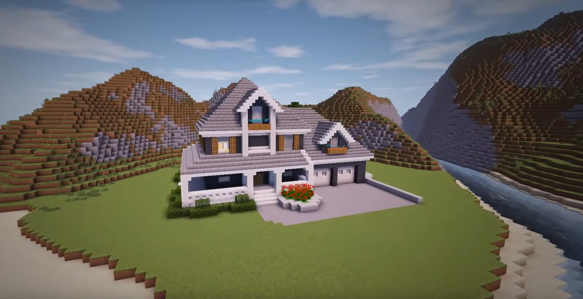 What is the title of this picture ? Minecraft Suburban Mansion House Ideas and Design