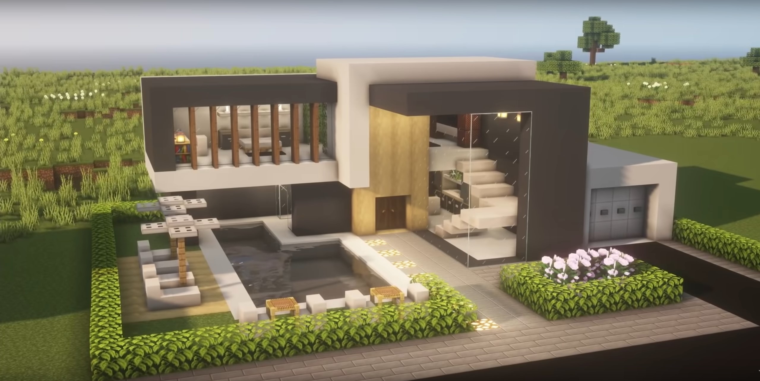 Luxury modern house with pool and garage minecraft building idea