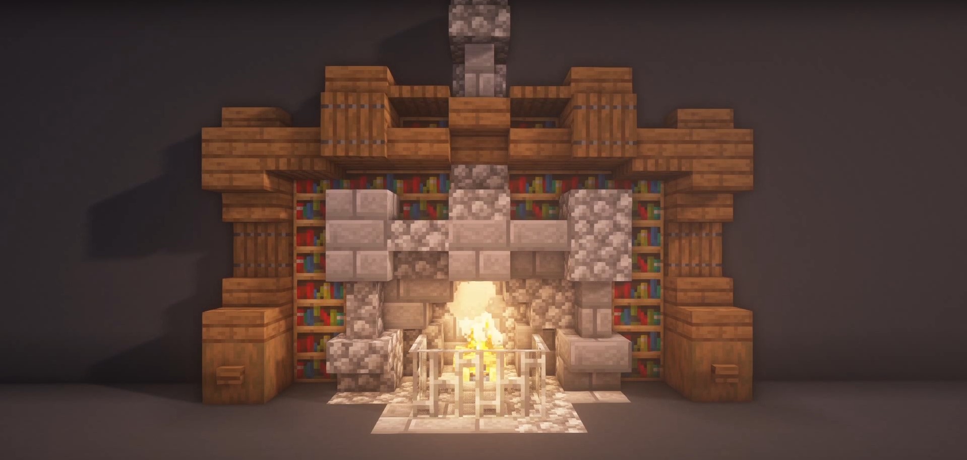 Bookshelf with fireplace minecraft building idea